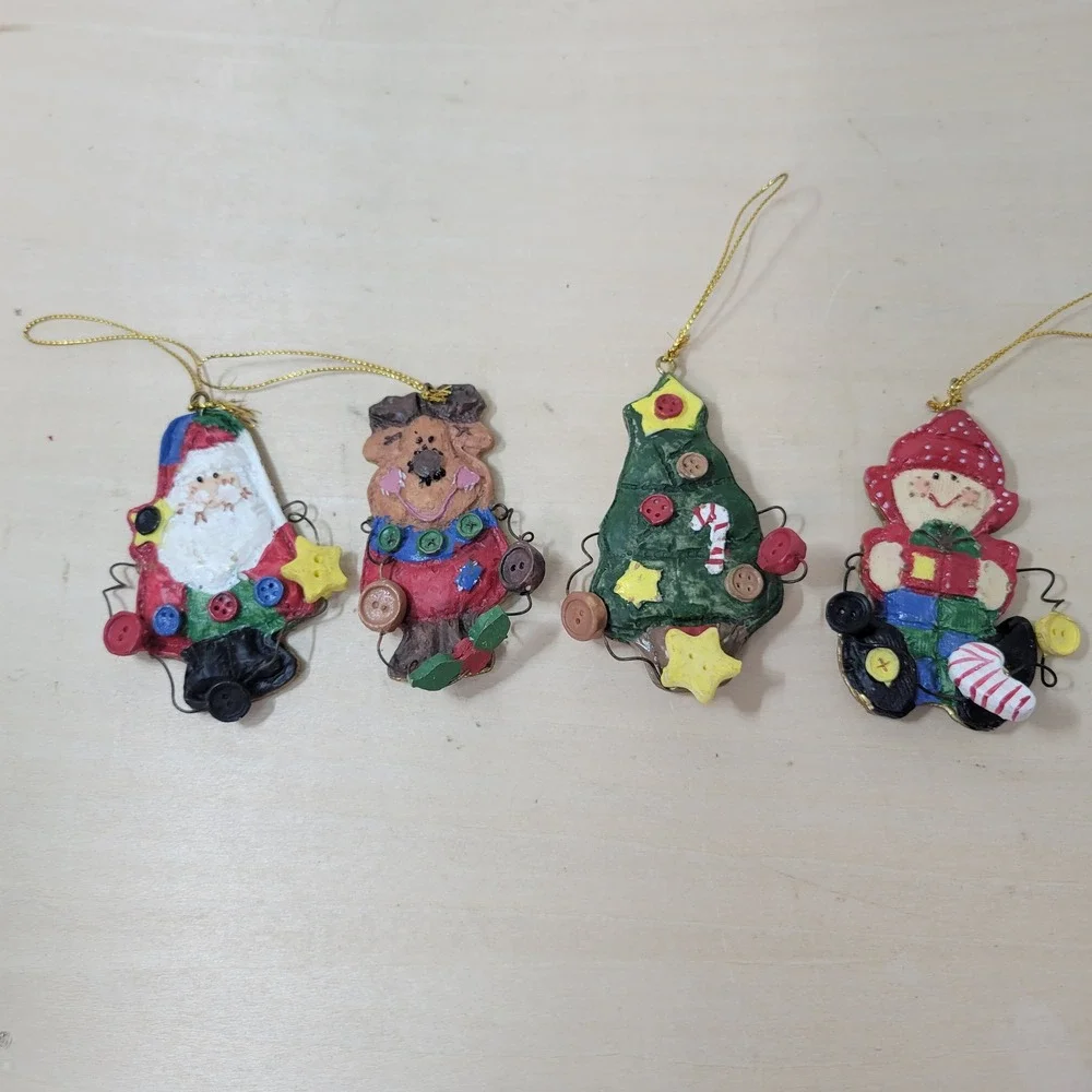 Whimsical Christmas‎ Ornaments Resin Button Embellished Holiday Set Of 4